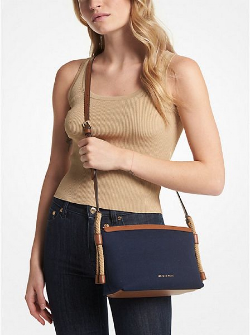 Michael Kors Talia Medium Katoenen Canvas Crossbodytassen Dames Donkerblauw Gekleurd | 687325-JPG