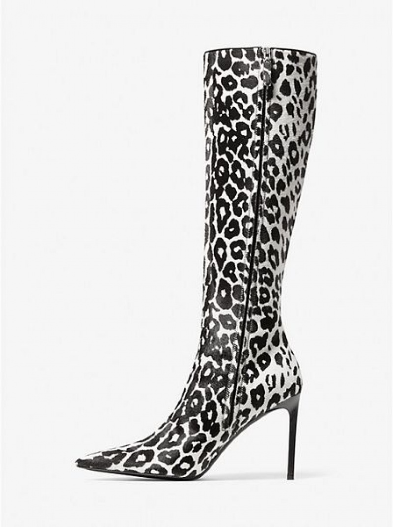 Michael Kors Tatjana Leopard Print Calf Hair Leren Laarzen Dames Zwart Wit | 349528-OBJ