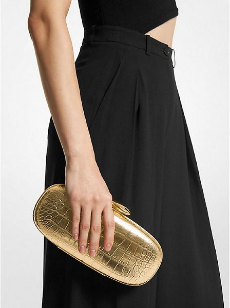 Michael Kors Tina Small Metallic Crocodile Embossed Leren Mini Tassen Dames Goud | 213095-KGE